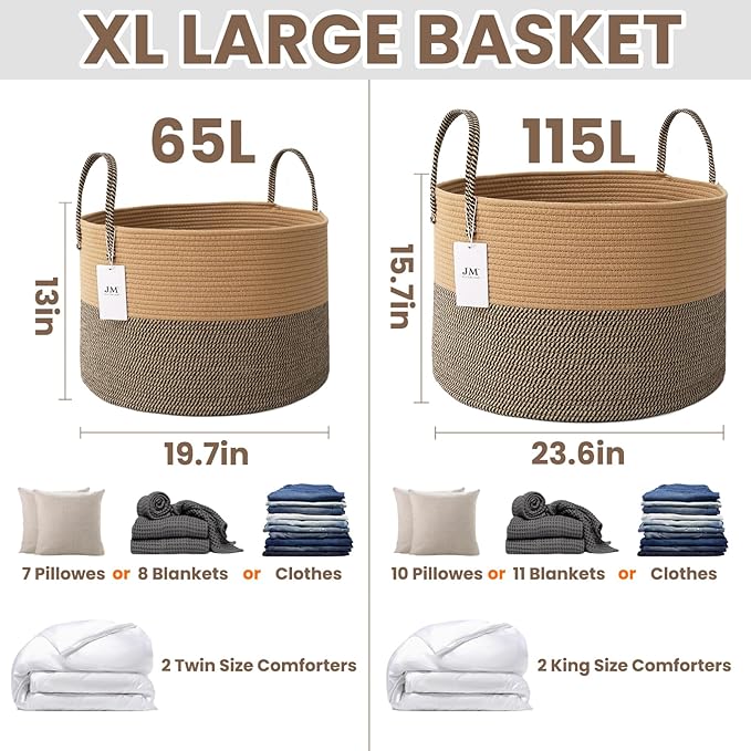 65L Extra Large Blanket Basket for Living Room - Woven Cotton Rope Laundry Hamper with Reinforced Handles - Storage Bin for Pillows, Comforters & Toys - Machine Washable,Jute&Black