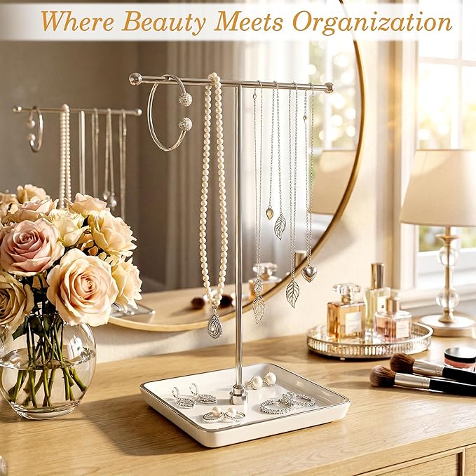 Jewelry Holder Stand with Ceramic Base: 12" Tall Necklace Organizer Rack, Tree Design Display Storage for Necklaces, Bracelets, Rings, Earrings, Aesthetic Vintage Room Décor (Silver)