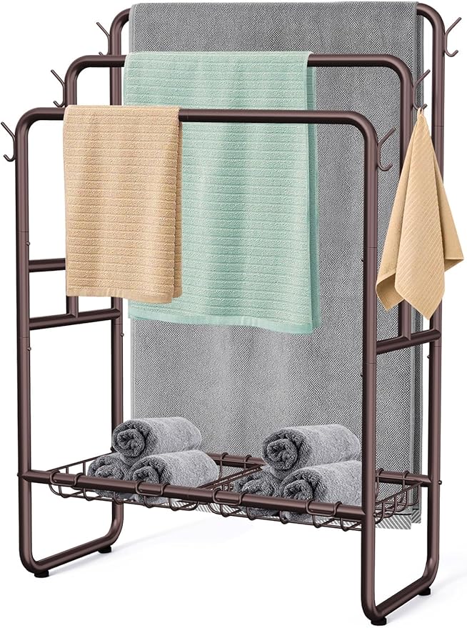 40" H Free Standing Towel Rack with 2 Storage Baskets & 6 Hooks, 3 Tier Silver Metal Towel Stand for Extra Large Towel, Modern Industrial Blanket Ladder Display and Drying Rack for Bedroom Bathroom