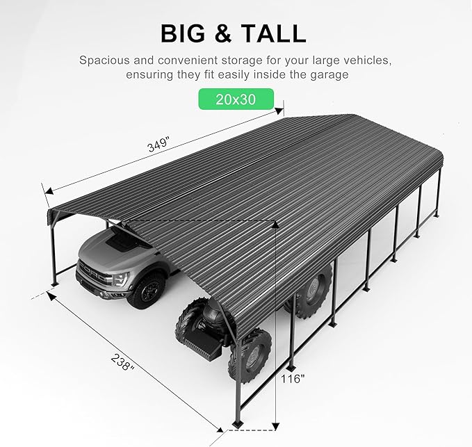 20x30 FT Heavy-Duty Metal Carport, Outdoor Galvanized Steel Shelter for Pickup Trucks, Motorcycles,Boats, Cars & Tractors