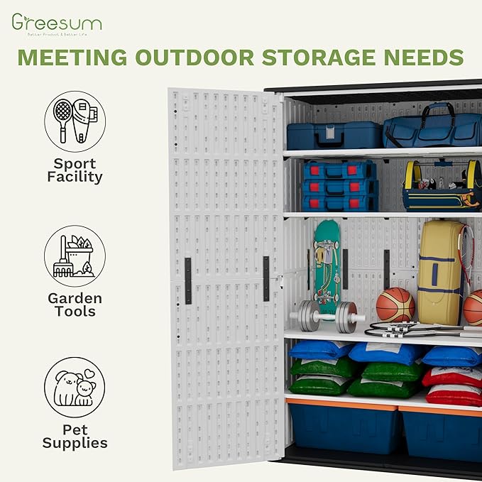 Greesum Outdoor Storage Cabinet, 50 CUFT Deck Box Without Shelves, Waterproof Plastic Storage Shed for Patio Cushions, Gardening Tools, Lockable and Sidehandles, UV Resistant, White