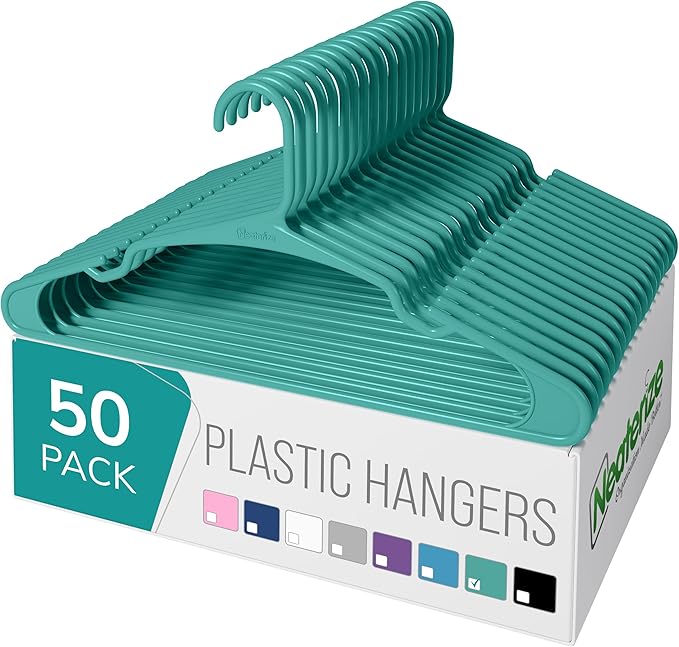 NEATERIZE Clothes Hangers Plastic 50 Pack for Adults - Plastic Hangers, The Perfect Coat Hanger and Space Saving Clothes Hangers for Closet, Percheros Ganchos para Colgar Ropa Hangars - Aqua Hangers