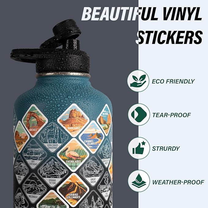 National Parks Water Bottle – 64 oz Insulated Stainless Steel Bottle with 63 Hand-Drawn Park Stickers, Carrier Bag, Strap & Gift Box – BPA-Free – Ideal for Hiking, Camping & Travel