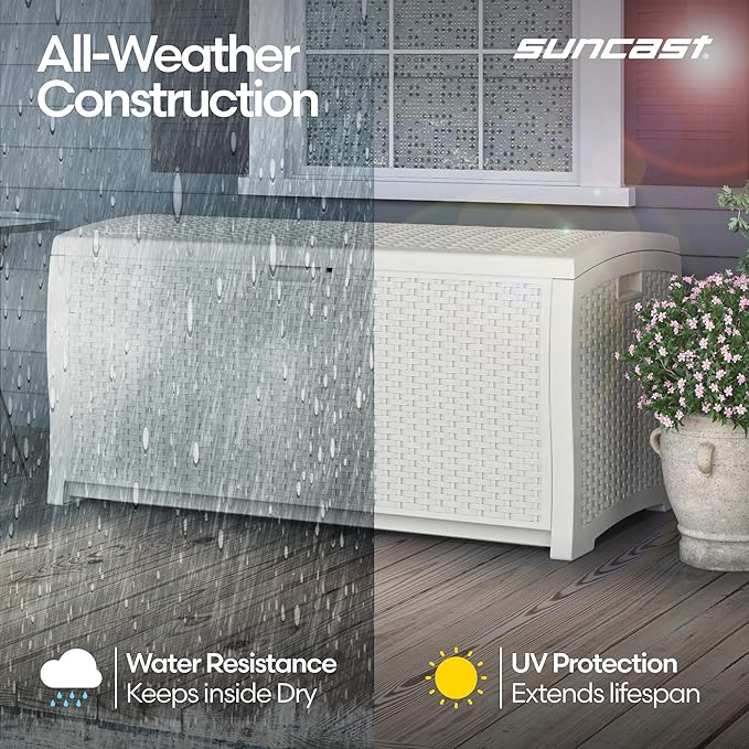 Suncast 99 Gallon Wicker Horizontal Outdoor Deck Box with Hinged Lid, Water-Resistant Storage Solution for Patio, Deck, Yard, and Garage, White, Made in the USA