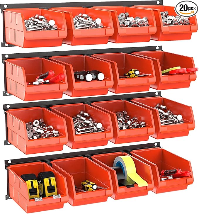 TORACK Wall Mounted Storage Bins, 16 Plastic Bins for Tools Organization in Garage, Craft Room, Shop(4-Pack, Orange-red)