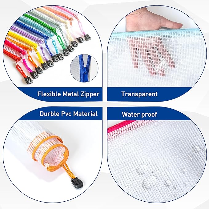12pcs Zipper Pouch, A4 Storage Bags, 12 Colors Organization Pouches, File Bags, Clear Pouch, Plastic Bags, Reusable Zipper Pouches for Toys, Paper, School Office Supplies