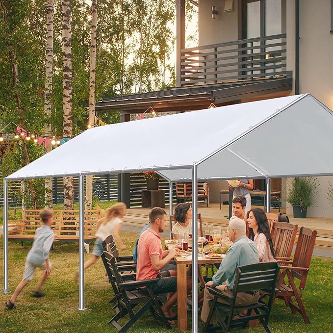 10 x 20 Ft Carport Replacement Canopy Cover Garage Top Tent Shelter Heavy Duty Waterproof UV & Tear Resistant Carport Cover Easy Assembly, White (Only Cover, Frame Not Include)