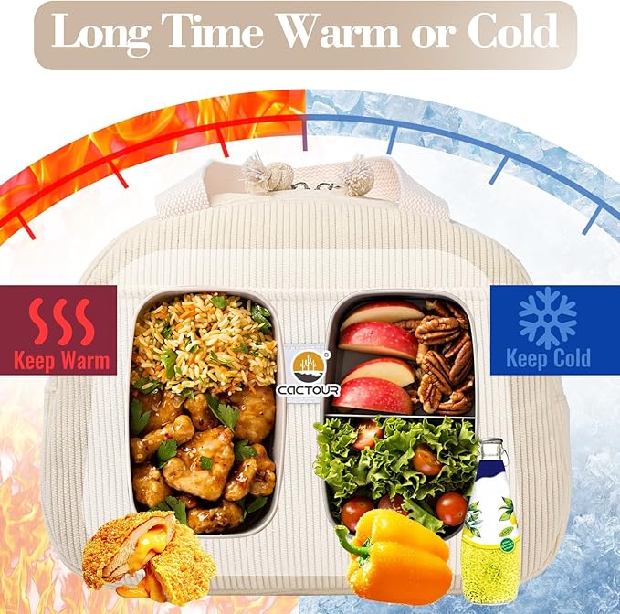 Lunch Bag Lunch Box for Women Girls Teens, Cute Lunch Box Cooler Bag,Portable Small Reusable Corduroy Insulated LunchBox for Work/Travel/Picnic/School (Beige)