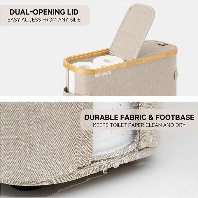 StorageWorks Toilet Paper Storage Baskets with Dual Flip Lids, Toilet Paper Organizer for Bathroom, Toilet Paper Container with Side Pocket, Holds 9 Mega or 12 Regular Rolls, Medium, Brown