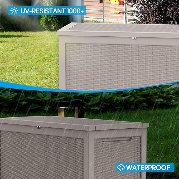 320 Gallon Outdoor Deck Box,Waterproof Resin Outdoor Storage Boxes, Outside Storage Lockable Container for Garden Tools,Indooor Cushions,Accessories (Grey)