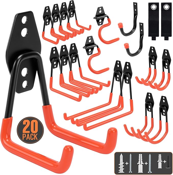TONDA Garage Hooks, 20 Pack Garage Organization, Wall Storage Hooks Heavy Duty for Hanging Bike, Ladder, Garden Tools, Hose and Ropes, Orange