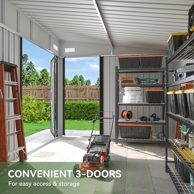 Aoxun 9.4'x7.3' Triple Door Shed Outdoor Storage Shed with Three Lockable Door for Easily Accessing Metal Storage Cabinet with Slopping Roof for Tools Bicycles Storage for Garden, Backyards (Black)