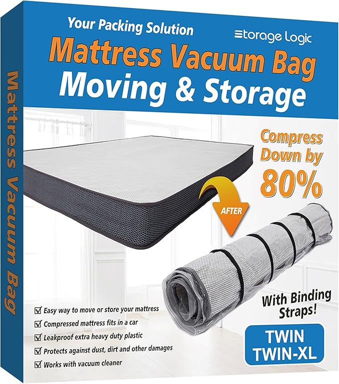 Storage Logic Twin/Twin XL Foam Mattress Vacuum Bag for Moving, Mattress Vacuum Seal Storage Bag with Straps