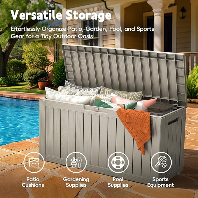 Outdoor Storage Box, 75 Gallon Deck Box Waterproof, Resin Patio Storage Bin for Package Delivery, Patio Furniture Cushion, Garden Tools, Pool Accessories, Weatherproof, Grey