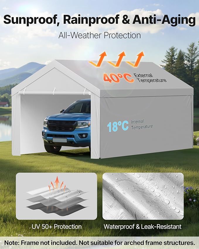 VEVOR Carport Replacement Canopy Cover, 13 x 20 ft Potable Garage Tent Top Tarp with Sidewalls, UV-Resistant & Waterproof, Heavy Duty Car Shelter Tarp with Ball Buggees, Grey, Frame Not Included
