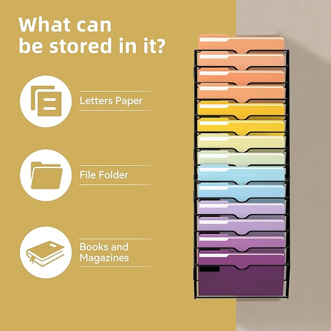 SUPEASY 14-Tier Hanging Wall File Holder Organizer for Papers, Folders, Files Clipboard & Magazine Organization Great for Office Home, Assembly Needed, Black