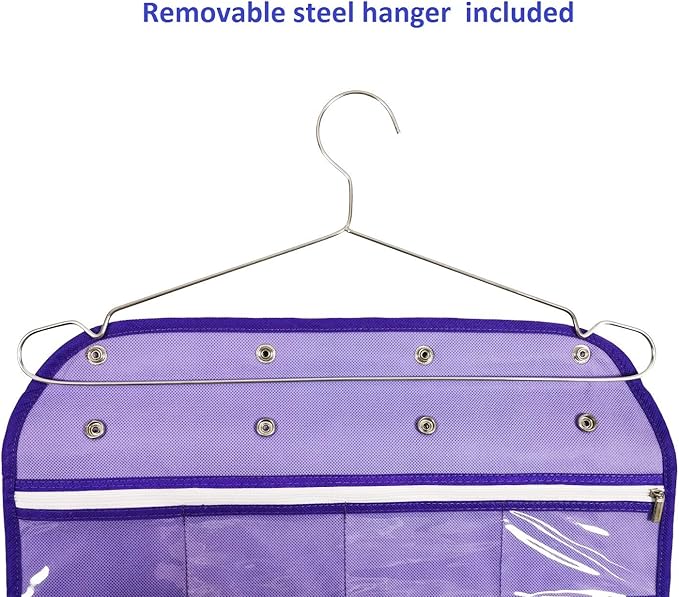 Dual Sided Hanging Jewelry Organizer with Hanger for Closet Necklace Earrings Bracelet Ring Travel Holder (56 Zippered Clear Pockets Purple)