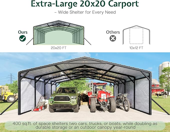 Jocisland 20x20 FT Heavy Duty Metal Carport, All-Weather Car Carport with Waterproof Removable Sidewall, Galvanized Steel Roof & Reinforced Base, Canopy for Bass Boats, Full-Sized Pickups and Tractors