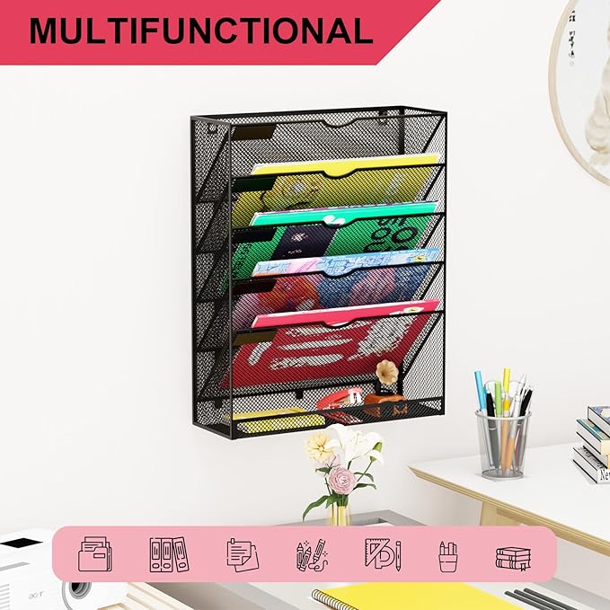 Hanging Wall File Organizer 6 Tier Wall Mounted Mail Paper Folder Holder Document Organization Stand, Vertical Desk Magazine Rack for Office Home Cubicle Countertop, Black
