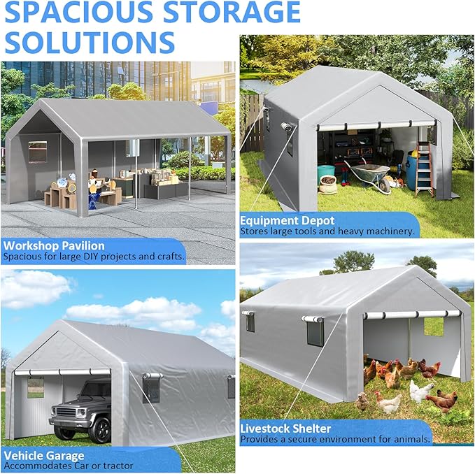 Carport 13x21 FT Enclosed Carport with Roll-up Windows, Portable Garage with Removable Sidewalls & Doors, Car Canopy Tent with Sandbags All-Season Tarp for Car Boat Truck Motorcycle
