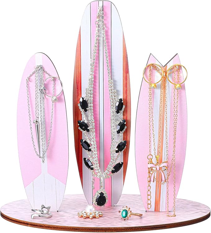 DIVINA VITAE Jewelry Organizer Stand, Cute Coastal Ocean Surfboard Decor, Preppy Beach Themed Room Decor Aesthetic, Coastal Dedroom Decoration Wooden Hawaii Surfer Gift for Teen Girls(Pink)