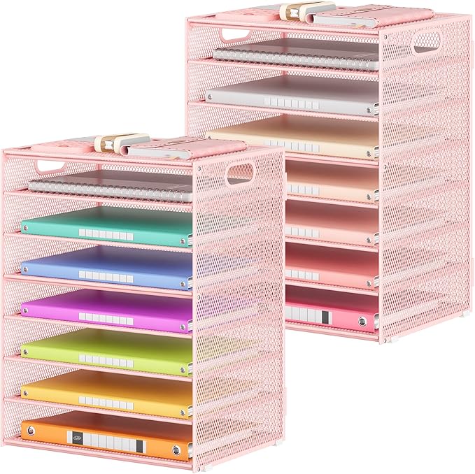 Lavatino 2 Pack 8-Tier Office Desk File Organizer, Letter Tray Paper Organizer with Handle, Including 5 Adjustable Slide Trays for Organizing Desk Workspace Accessories and Supplies (Pink Mesh)