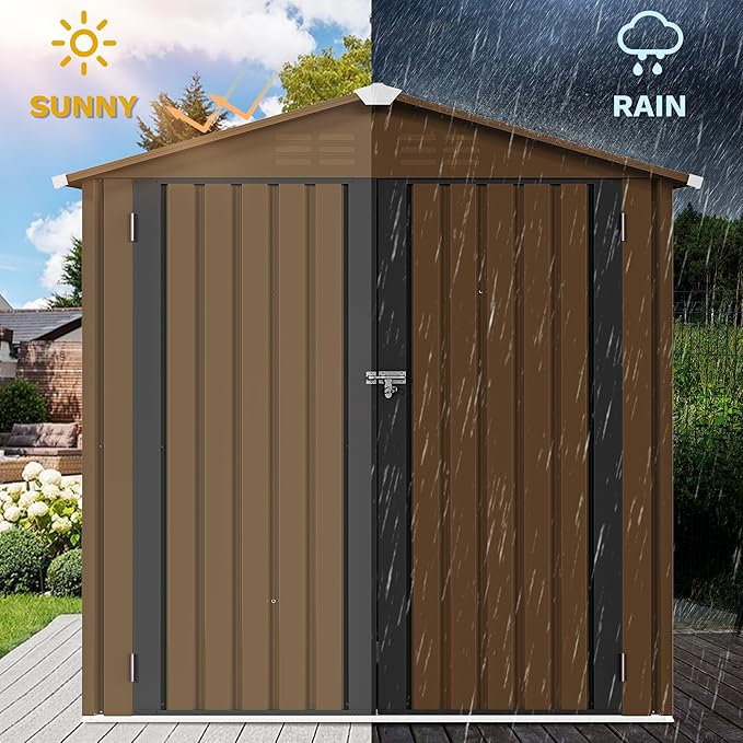 DWVO 6x4ft Tool Storage Shed, Lockable Doors, and Sloped Roof, Steel Outdoor Storage Shed for Garden, Patio, Garage, Backyard, Lawn - Brown
