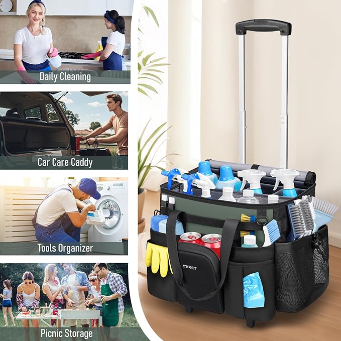 Ytonet XXL Cleaning Caddy with Wheels, Large Rolling Cleaning Caddy Bag with Detachable Trolley for Housekeepers, Water Resistant Cleaner Supplies Organizer with Wheels for Kitchen, Tool Organizer