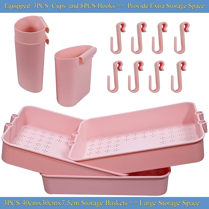 3 Tier Utility Rolling Cart Multifunction Organizer Shelf Storage Cart with 3 Pieces Cups and 8 Pieces Hooks for Home Kitchen Bathroom Laundry Room Office Store etc. (Pink)
