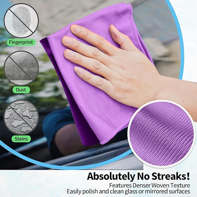 HOMERHYME Microfiber Cleaning Cloth, 12 Pack Window Glasses Cleaning Cloth, Reusable Lint-Free Streak Free Polishing Cloth Wipes for Stainless Steel, Eyeglass, Mirror, Screen & Lense,12"*12" Purple