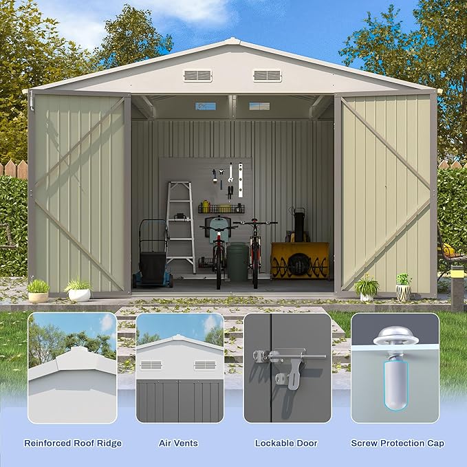 Patiowell 10x8 FT Storage Shed, Outdoor Metal Sheds with Lockable Door and Sloping Roof, Waterproof Outside Large Garden Tool Shed with Breathable Vents for Patio Lawn Backyard, Gray