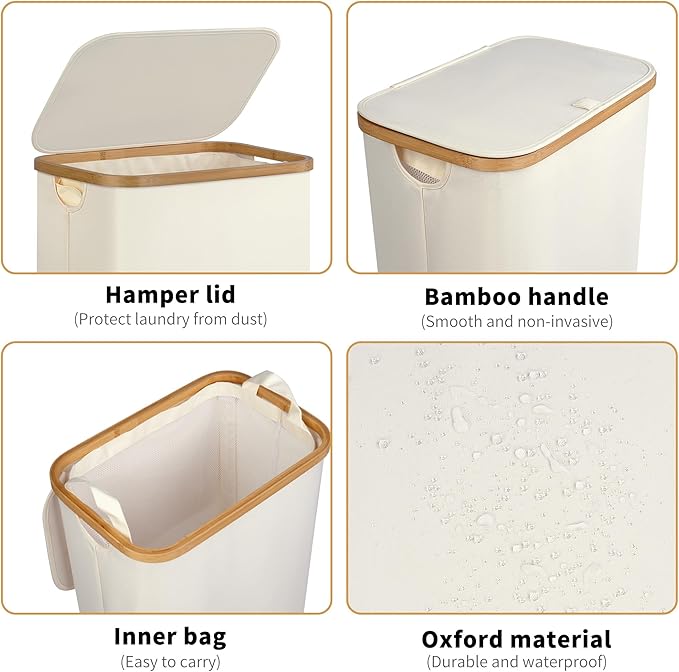 75L Slim Laundry Hamper, Narrow Laundry Basket with Lid,Foldable Clothes Hamper with Bamboo Handles,Hamper Basket with Removable Inner Bag for Laundry Room Bedroom College Dorm,19.8 Gals Pink