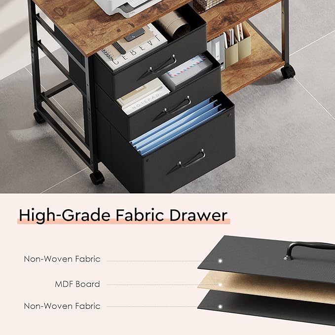 3 Drawer File Cabinet with Wheels Rolling Printer Stand with Open Storage Shelf Fabric Lateral Filing Cabinet for Home Office,Rustic Brown