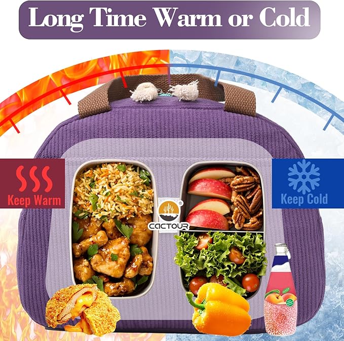 Lunch Box Lunch Bag for Women Girls Teens, Cute Lunch Box Cooler Bag, Portable Small Insulated LunchBox Reusable Corduroy Lunch Tote for Work/Travel/Picnic/School (Purple)