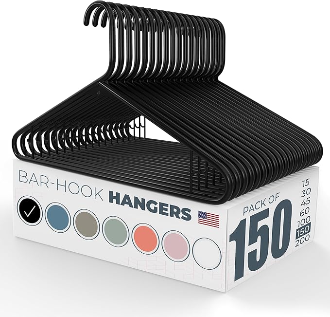 Neaties Plastic Hangers 100+ Pack (150 Count) – Made in The USA – 6lb Capacity Standard Clothes Hangers with Strap Hooks for Dresses, Lingerie, Shirts, Pants, and Jackets – Black