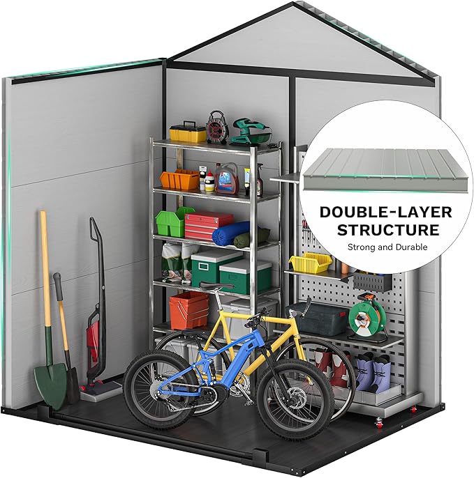 DWVO 6x4.4 FT Outdoor Storage Shed, Plastic Garden Tool Shed with 2 Windows, Double-Wall Outside Shed for Lawn Mower, Garden Tool for Backyard, Patio, Lawn