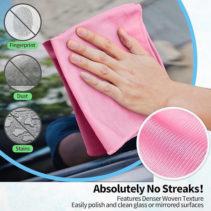 HOMERHYME Microfiber Cleaning Cloth, 12 Pack Window Glasses Cleaning Cloth, Reusable Lint-Free Streak Free Polishing Cloth Wipes for Stainless Steel, Eyeglasses, Mirrors, Screens & Lenses,12"*12" Pink