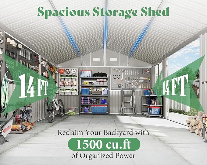 VanAcc 10 x 14FT Outdoor Storage Shed with a Lockable Hinged Door and 2 Windows, Nordic Cottage Metal Shed for Backyard, Garden, Patio, Dark Grey/White