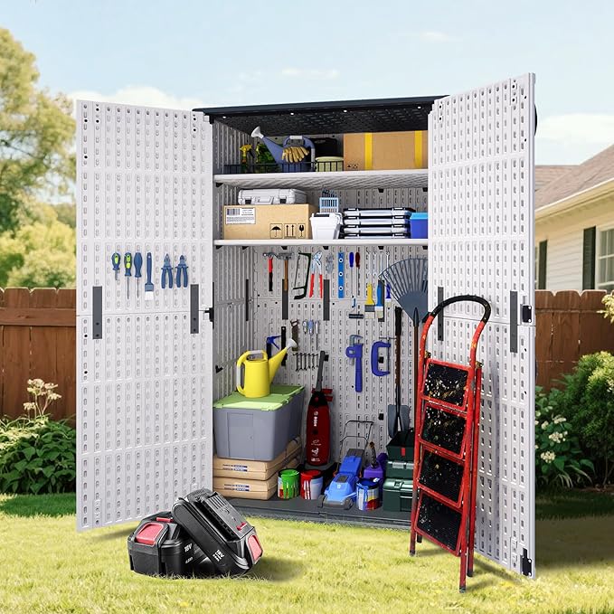 Greesum Outdoor Storage Cabinet Without Shelves, 45 cu.ft Outdoor Waterproof Storage Shed for Garden Tools, Pool Storage, Garbage Cans, White