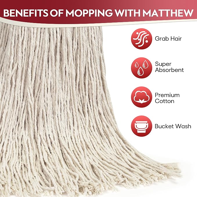 Matthew Cleaning 20oz 12Pack Cotton Mop Head Replacement,Looped-Open String Heavy Duty String Mop Refills,Universal Headband Blend,Floor Cleaning for Home, Industrial and Commercial Use(White)