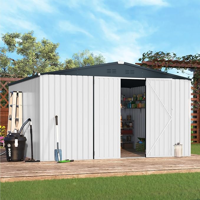 AECOJOY Shed 10'x12' Storage Shed Large, Sheds & Outdoor Storage Clearance 12x10 Sheds with Lockable Doors, Utility and Tool Storage Shed for Garden, Backyard, Patio, Outside use in White