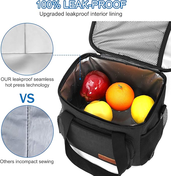Femuar Reusable Lunch Box for Men/Women - Insulated Lunch Bag Leakproof Lunchbox for Work Office Picnic Beach - Freezable Lunch Cooler Bag with Adjustable Shoulder Strap - Black