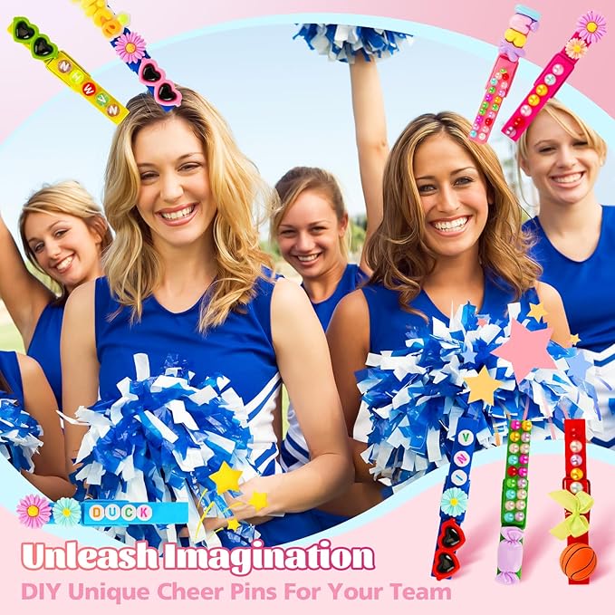 50-Pack Cheer Pins Kits-50pcs 2.9 Inch Wooden Clothespins 10 Colors, 58 Resin Charms, 2 Gem Stickers, 200 Letter Beads for Team Spirit, Classroom Crafts & Cheerleading Accessories with Glue & Tools