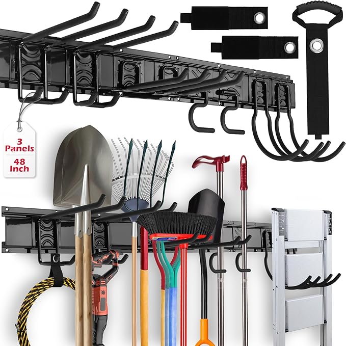 SEDY 48" Heavy Duty Garage Wall Organizer, Wall Mount Tool Storage Rack with Adjustable Hooks, Garden Tool Organizer Hold Up to 300lbs, Easy Installation (8 Hooks, 3 Rails, 3 Straps)