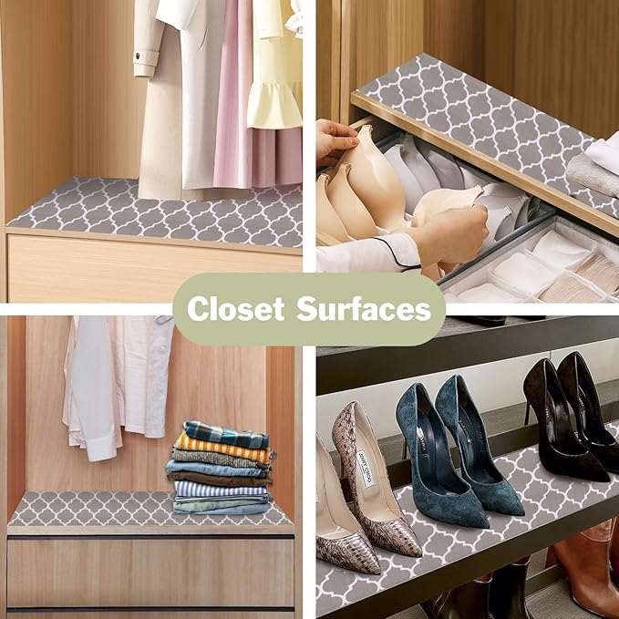 Drawer and Shelf Liner for Kitchen Cabinet: 23.6 in X 30 Ft Non Slip Waterproof Shelf Paper Non Adhesive Refrigerator Liners Gray Quatrefoil Easy Liners for Bathroom Cupboard with Knife Tape Measure