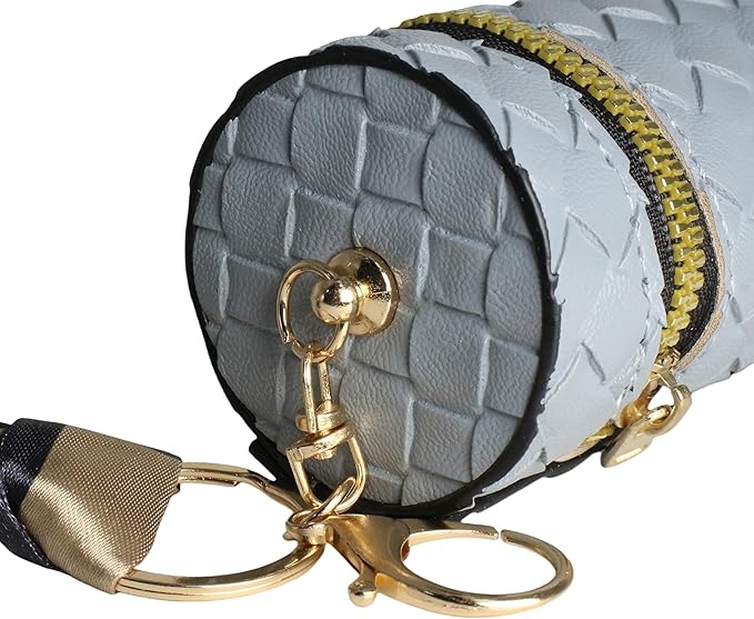 Zipper lined lipstick holder cover with gold hardware pendant, ribbon accessory, light blue
