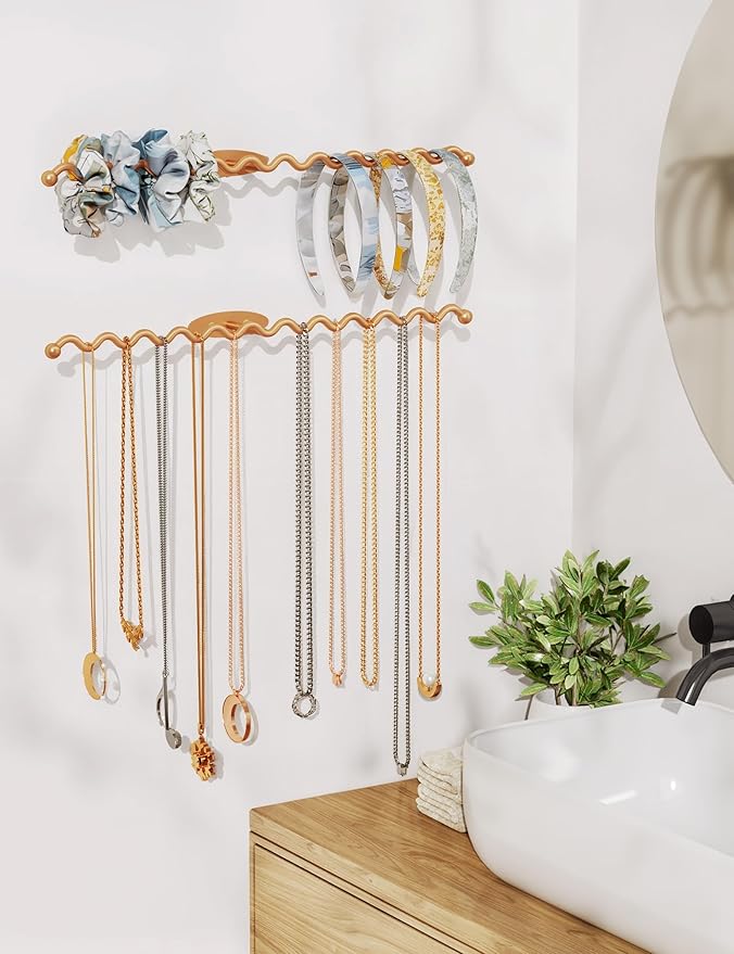 NiHome Wall Mounted Metal Jewelry Organizer Racks for Necklaces, Earrings, Bracelets, Rings, Decorative Display Wave Design Storage Holders for Bedroom, Bathroom, Kitchen, Entryway (4-Pack, Gold)