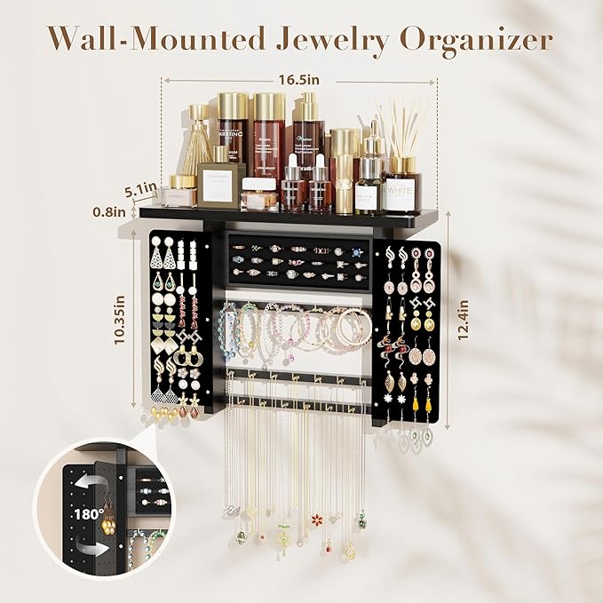 Emfogo Jewelry Organizer Hanging Wall Mounted Jewelry Holder, 5-in-1 Large Capacity Necklace Organizer Wall Display for Ring, Necklaces, Bracelets, Earrings(Black)