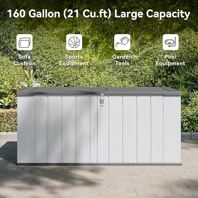 Aoxun 160 Gallon Resin Large Outdoor Storage Box, Horizontal Storage Sheds 21 Cu.ft, Waterproof Lockable Deck Box with Spring-Assisted Lid, Patio Storage for Garden, Pool, Cushions, Tools, White
