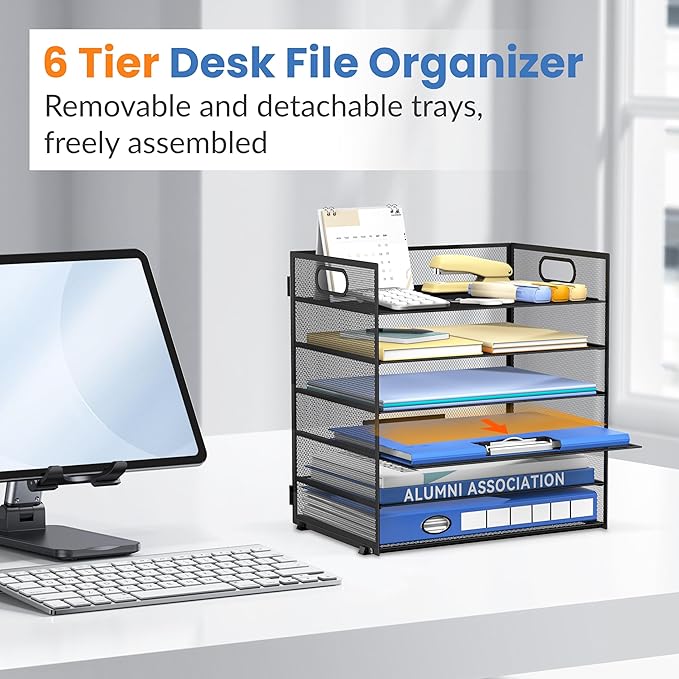 Daltack 6 Tier Paper Organizer for Desk, Paper Letter Tray Organizer for Desks, Mesh Desk File Organizers with Handle for Office, Home, School, Black